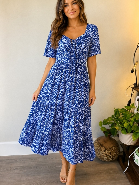 BloomChic Dresses & Skirts - BloomChic Cobalt Blue Floral Midi Dress with Tie Front